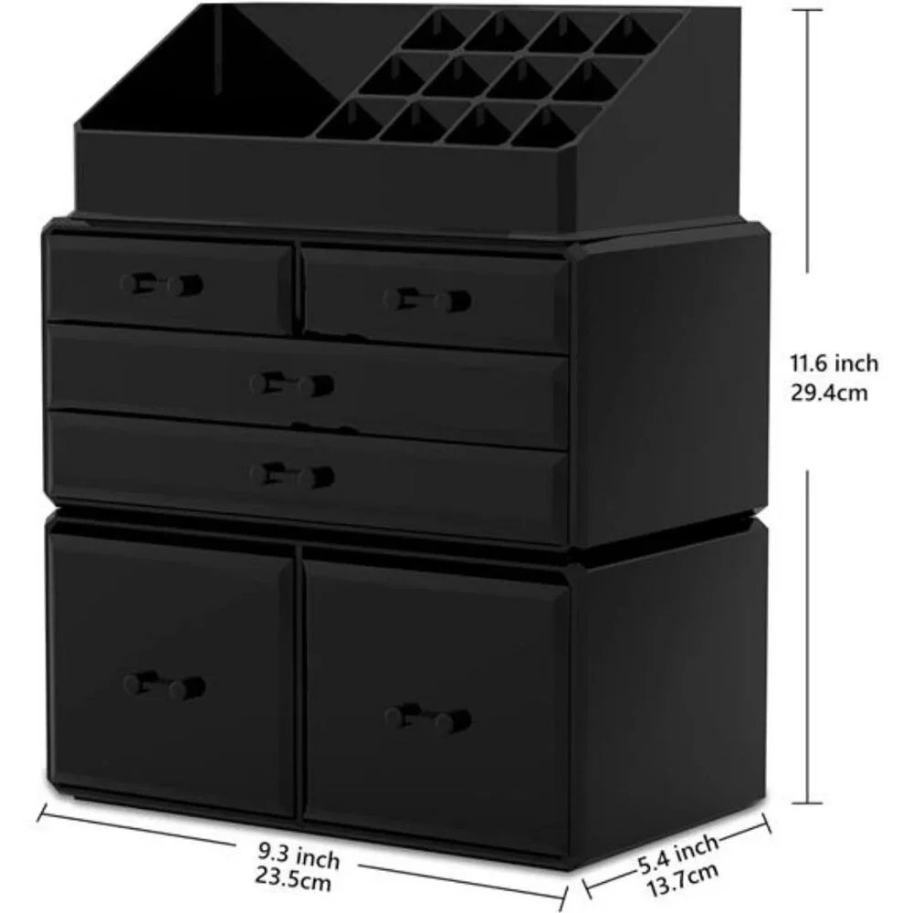 Black makeup organizer 3 piece set with drawers cosmetic storage case box